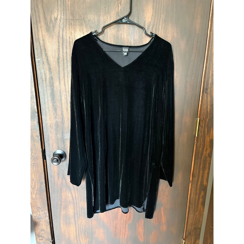 Eileen Fisher Black Silk Blend Velvet V-Neck Long Sleeve Tunic Top Size L